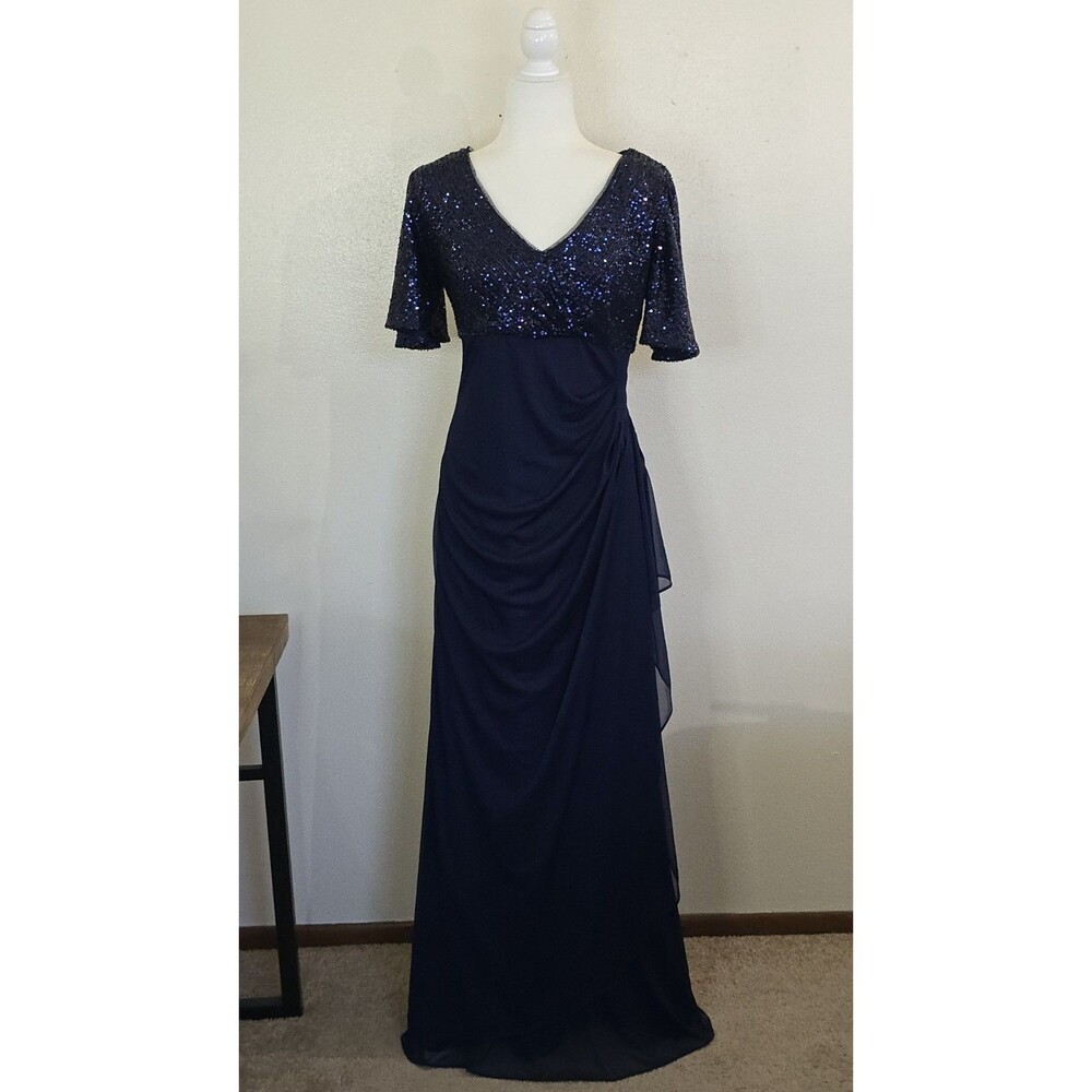 Xscape Navy Blue Sequin Ruffle Chiffon Maxi Dress V-Neck Flutter Sleeve Size 8 - Picture 2 of 11